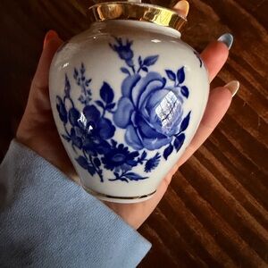 Blue and White Floral Porcelain Vase with Gold Trim